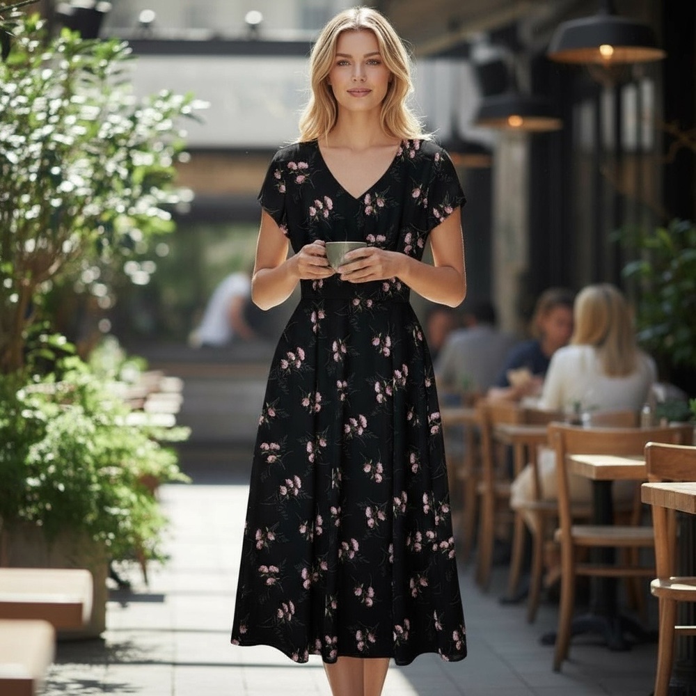 Vintage Liz Claiborne Y2k Floral Babydoll Dress 8 Black Cottagecore Fairy Casual